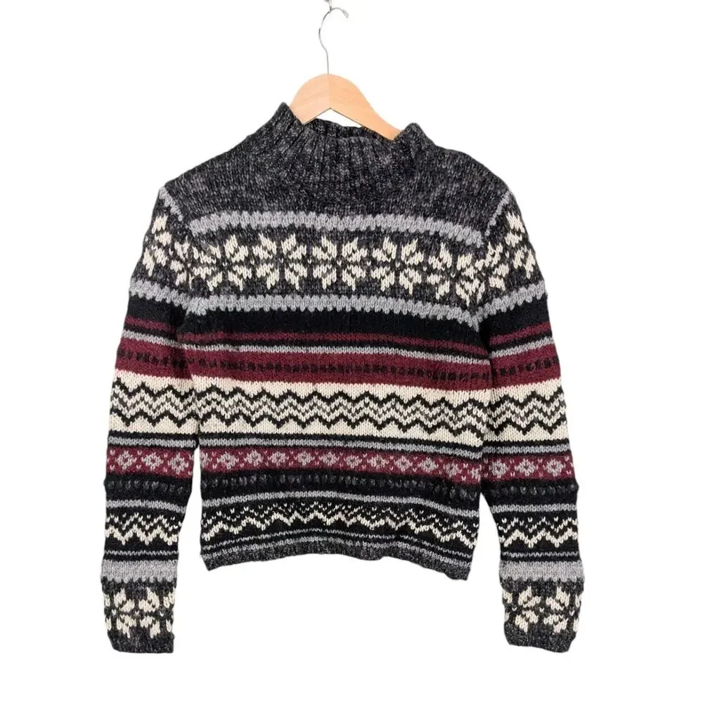 Vintage Sweater 90s Turtuleneck Chunky Stripe Snowflake Wool Isle Red Gray S